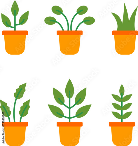 Houseplant icons set – potted plant vector collection in orange pots