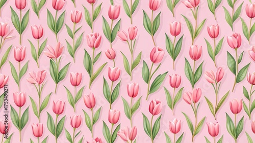 Seamless pattern of delicate pink tulips with green leaves on a soft pink background, perfect for spring and floral designs
