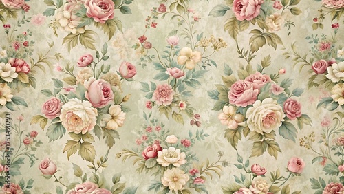 Vintage floral wallpaper with soft pink and cream roses and delicate greenery, evoking a romantic, classic style