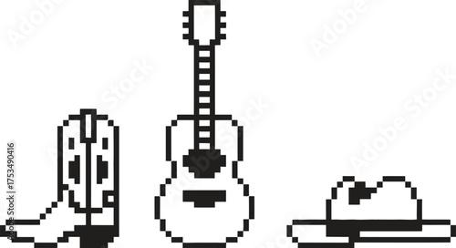 Country music icons cowboy boot guitar and hat simple line art