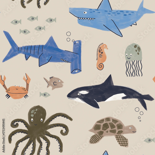 Cute sea creatures seamless pattern. Hand-drawn underwater animal background for kids. Playful ocean illustration with shark, whale, and octopus for nursery fabric or wallpaper.