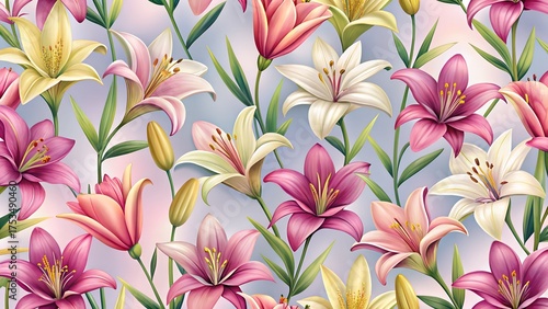 Vibrant seamless pattern of colorful lilies in pink, yellow, and white with green leaves on a soft blue background