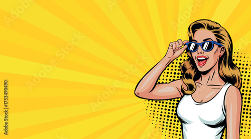 A young woman in pop art style wearing sunglasses. On a yellow background. Pop art in comic book style vector.