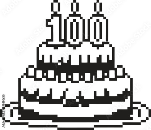 Pixel art birthday cake with 100 candles for a centennial celebration