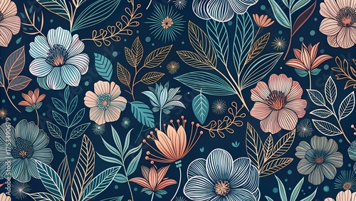 Seamless pattern of stylized flowers and leaves in muted tones of blue, peach, and green on a dark navy background, evoking a vintage botanical feel