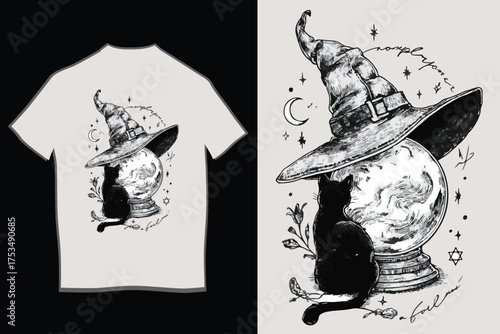 Mystical witch cat design for apparel featuring a silhouette and intricate details perfect for halloween and fantasy fans vector