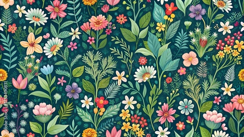 Vibrant and colorful seamless floral pattern with a variety of small wildflowers and green leaves on a dark teal background, perfect for textiles