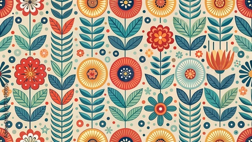 Charming folk art inspired seamless pattern featuring stylized flowers and leaves in a cheerful palette of red, blue, yellow, and beige