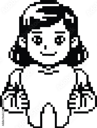 Pixel art character with short dark hair and a smiling face