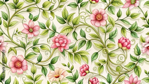 Intricate floral pattern with pink and peach flowers and green leaves on a textured cream background, vintage style