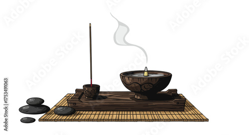 Zen incense and stones arrangement on a bamboo mat symbolizing peace and relaxation, a symbol of Japanese A130