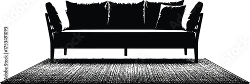 Modern sofa with pillows on a rug, furniture for living room decor