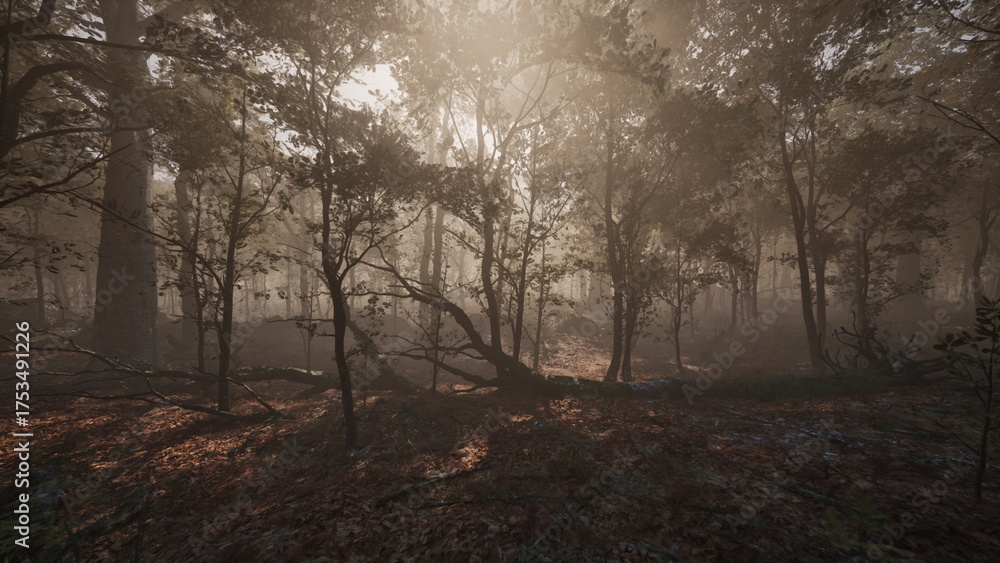 Naklejka premium Sunlight gently breaks through the trees, illuminating a misty forest. The ground is covered with fallen leaves, creating a serene atmosphere early in the morning.