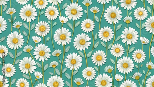 A cheerful seamless pattern of white daisies with yellow centers scattered across a teal green background, perfect for spring