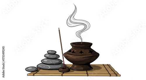 Serene Zen Composition Incense, Stacked Stones, and Relaxation