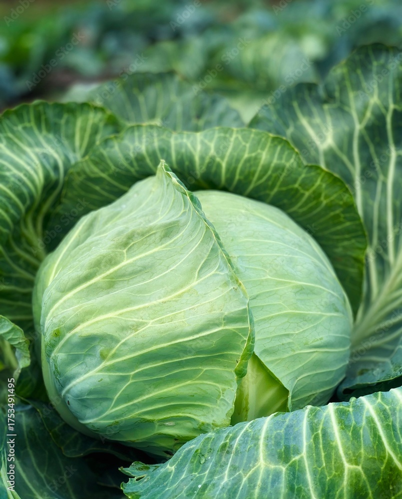 Obraz premium Young cabbage grows in the garden. Harvest organic cabbage