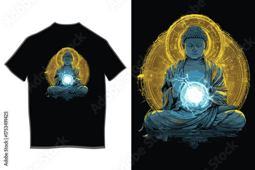 Serene buddha enlightenment t-shirt design featuring glowing aura and spiritual energy symbolizing inner peace and mindfulness