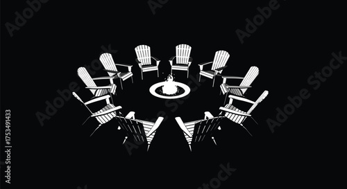 Circle of Adirondack chairs with fire pit, gathering, friendship