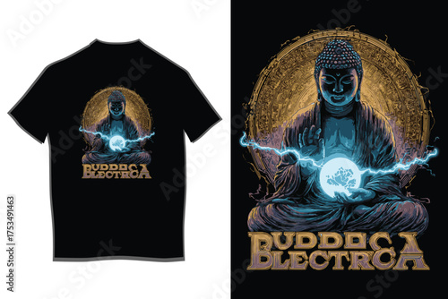Mystical buddha t-shirt design featuring energetic blue orb and psychedelic sunburst - spiritual clothing apparel