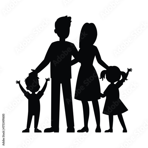 Happy Family of Four Silhouettes on White Background