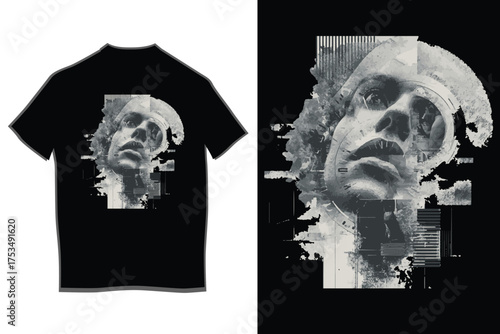 Distorted glitch art t-shirt design featuring a fragmented human face expressing intense emotion and digital artifacts
