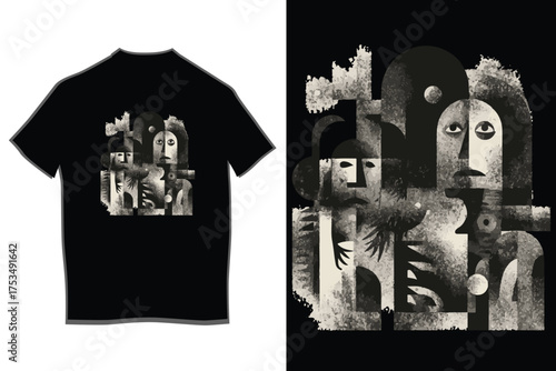 Dark gothic t-shirt design featuring abstract figures and urban landscape elements for unique apparel