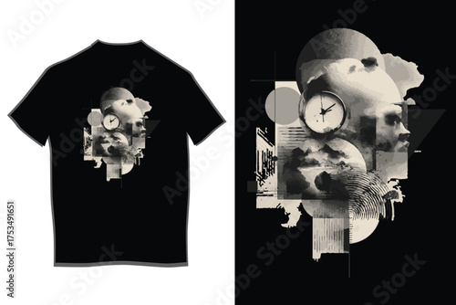 Abstract surreal collage t-shirt design with clockwork elements and geometric shapes on black fabric
