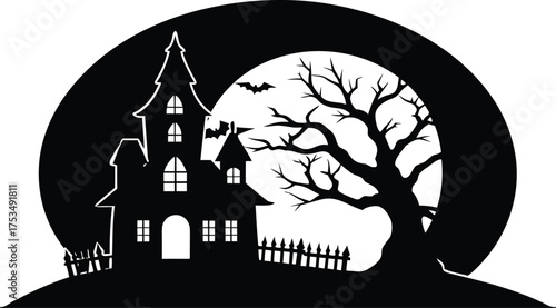 Vector art of silhouette of a haunted house with a spooky tree and bats against a large moon, evoking halloween