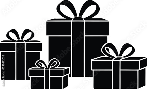 Vector art of group of black gift boxes with ribbons isolated on a