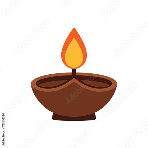 A simple, culturally significant, earthenware diya with a bright, flickering flame, representing light and festivity