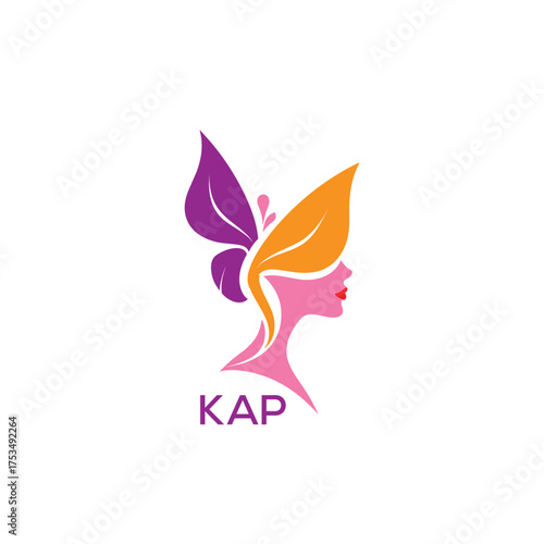 KAP Elegant Butterfly Woman Logo Design. KAP Beauty and Wellness Brand Identity. KAP  Feminine Salon and Cosmetic Symbol.
