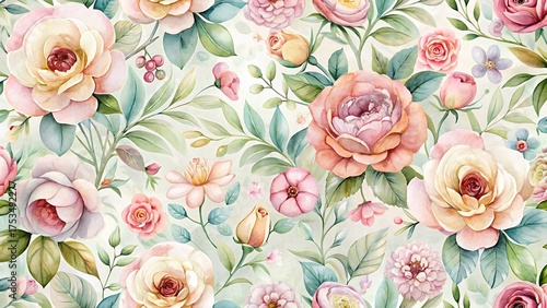 Soft watercolor floral pattern with delicate roses and green leaves, a beautiful and romantic design for various applications