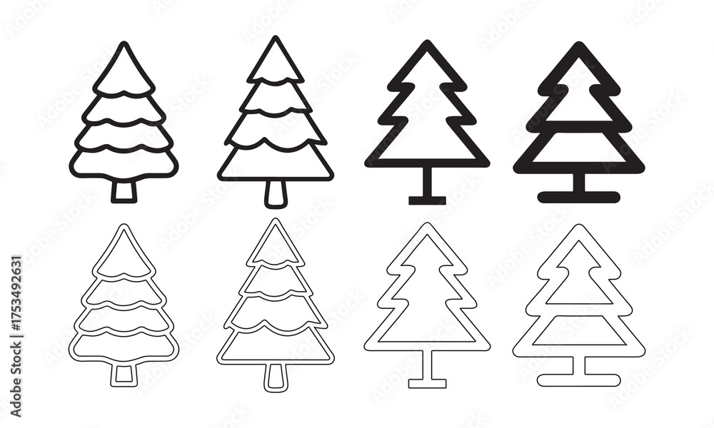 Fototapeta premium Festive Christmas Pine Tree Icons Collection. Simple Vector Graphics for Celebration and Greeting Cards