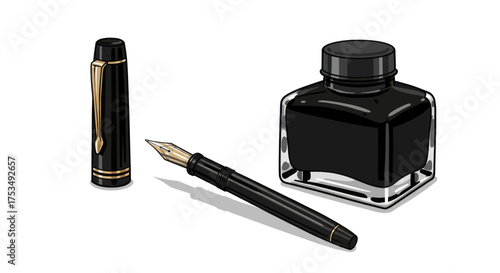 Elegant fountain pen and ink bottle illustration, classic writing instrument set for calligraphy and journaling