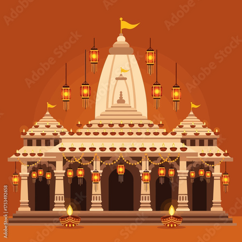 A beautifully illuminated Hindu temple decorated with glowing diyas and lanterns for a traditional festival, a vibrant concept of faith and celebration