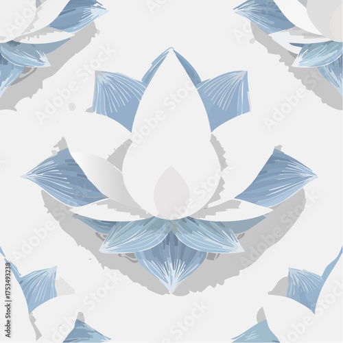 Seamless pattern of elegant blue and white lotus flowers.