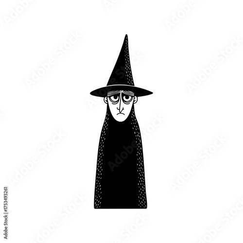A gloomy witch, with a pointy hat and long flowing robes, giving off a sorrowful vibe.