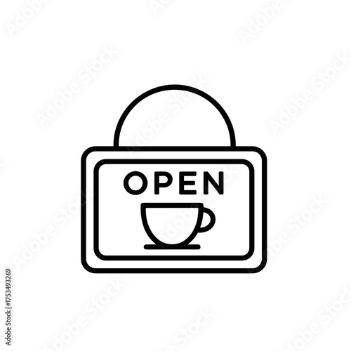 Open sign with coffee cup icon in minimalist line art style, simple vector linear icon   