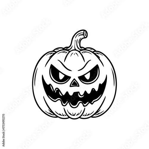 A creepy Halloween pumpkin with an evil, toothy grin and sharp eyes, perfect for spooky designs and autumn festivities.