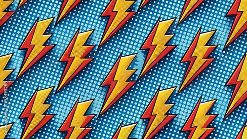 Retro comic book style lightning bolt pattern on a blue halftone background, energetic and dynamic superhero theme