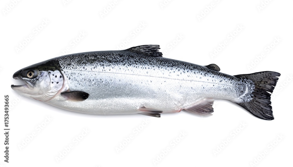 Obraz premium A silver, freshwater fish sits isolated on a white background, viewed from the side. Tail fins are visible