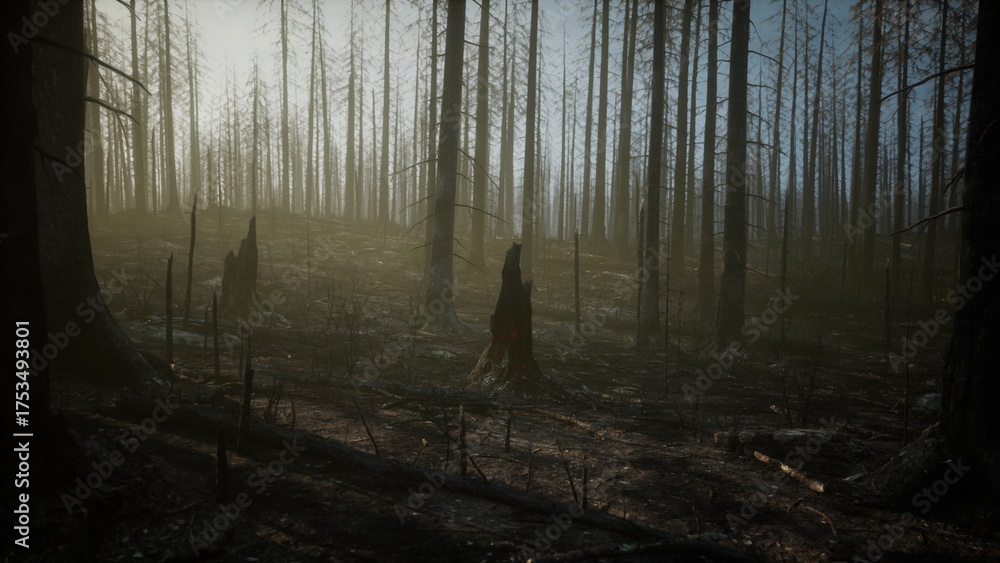 Fototapeta premium This haunting scene reveals a forest recovering from a fire, with charred stumps standing among the hazy, muted atmosphere. Soft light filters through the remaining trees, highlighting the silence.