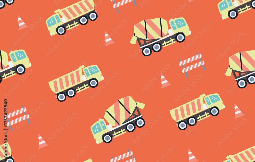 Cute construction trucks seamless pattern on an orange background. Simple cartoon dump truck and cement mixer for kids. Playful vehicle illustration for boys' fabric, wallpaper, or textile design.