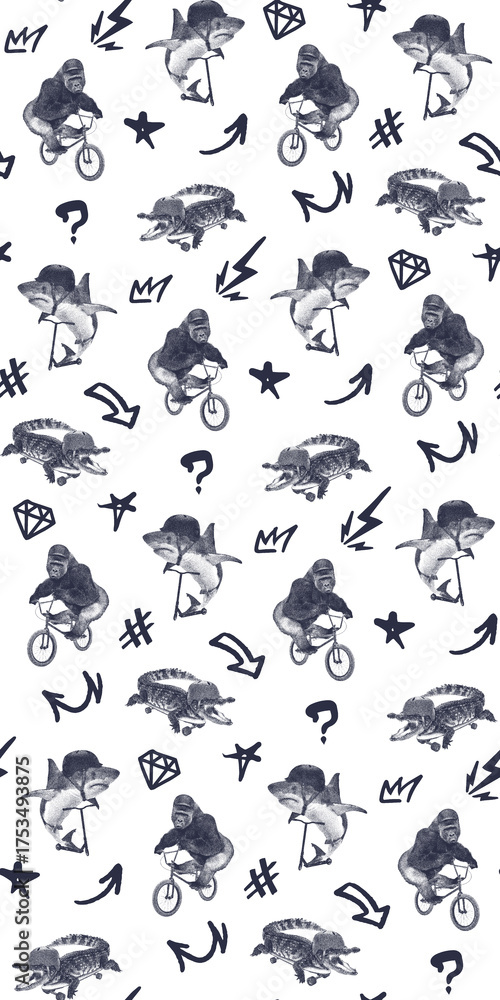 Obraz premium Graffiti seamless pattern with stencil texture. Abstract street art background with a monkey on a bicycle. Monochrome urban doodle illustration for edgy fabric, wallpaper, or modern print design.