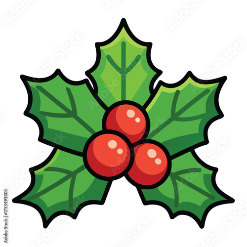 Illustration of a holly sprig with three red berries, perfect for christmas cards, invitations, and other holidaythemed designs