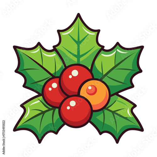 Illustration of a holly sprig with four berries, three red and one yellow, a festive element for holiday designs