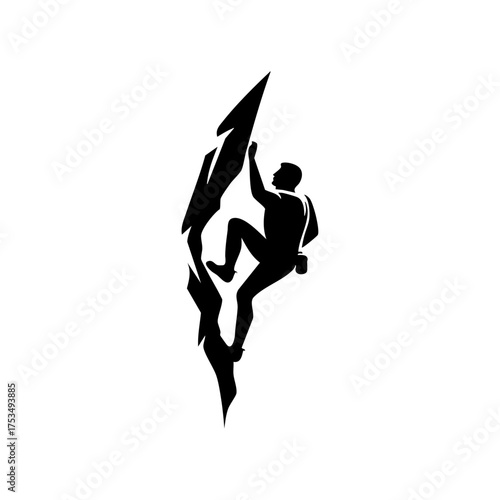 A climber scaling a steep rock face, symbolizing adventure and strength in a minimalistic black design.
