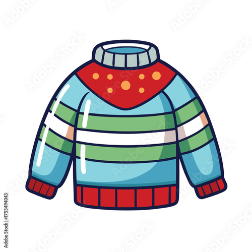 Vector art of a charming blue and white striped sweater with a red collar, ideal for adding a touch of whimsy and warmth to any outfit