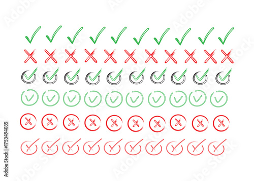 Check Marks and X Marks in Rows, Green and Red Drawn Illustrations, Simple Icons for Validation and Rejection vector