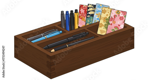 A wooden organizer box filled with pens and colorful patterned bookmarks